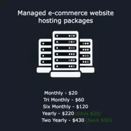 managed ecommerce website hosting plan price, dark background with a white color server rack incon in the middle, and in the bottom there is text says monthly $20 tri monthly $60 six monthly $120 yearly $220(save $20) two yearly $430(Save $50)